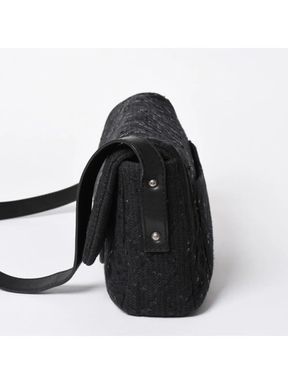 Chanel 2.55 Shoulder Bag CC Logo Sequins Canvas Leather Black